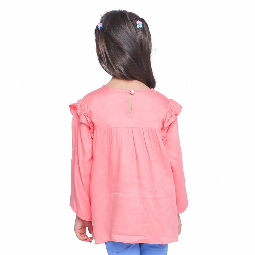 Girls Embroidered Top Pom Pom Flower - Peach
