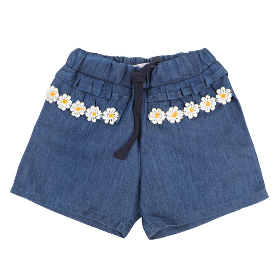 Girls Short Denim Flower Lace - Mid Blue