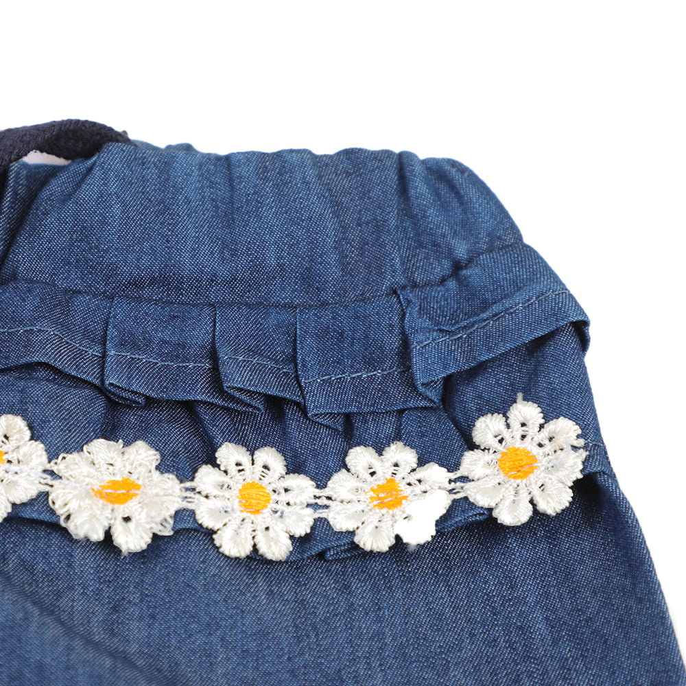 Girls Short Denim Flower Lace - Mid Blue