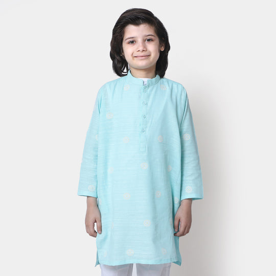 Boys Cotton Printed Kurta Puff - Aqua