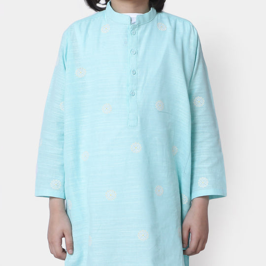 Boys Cotton Printed Kurta Puff - Aqua