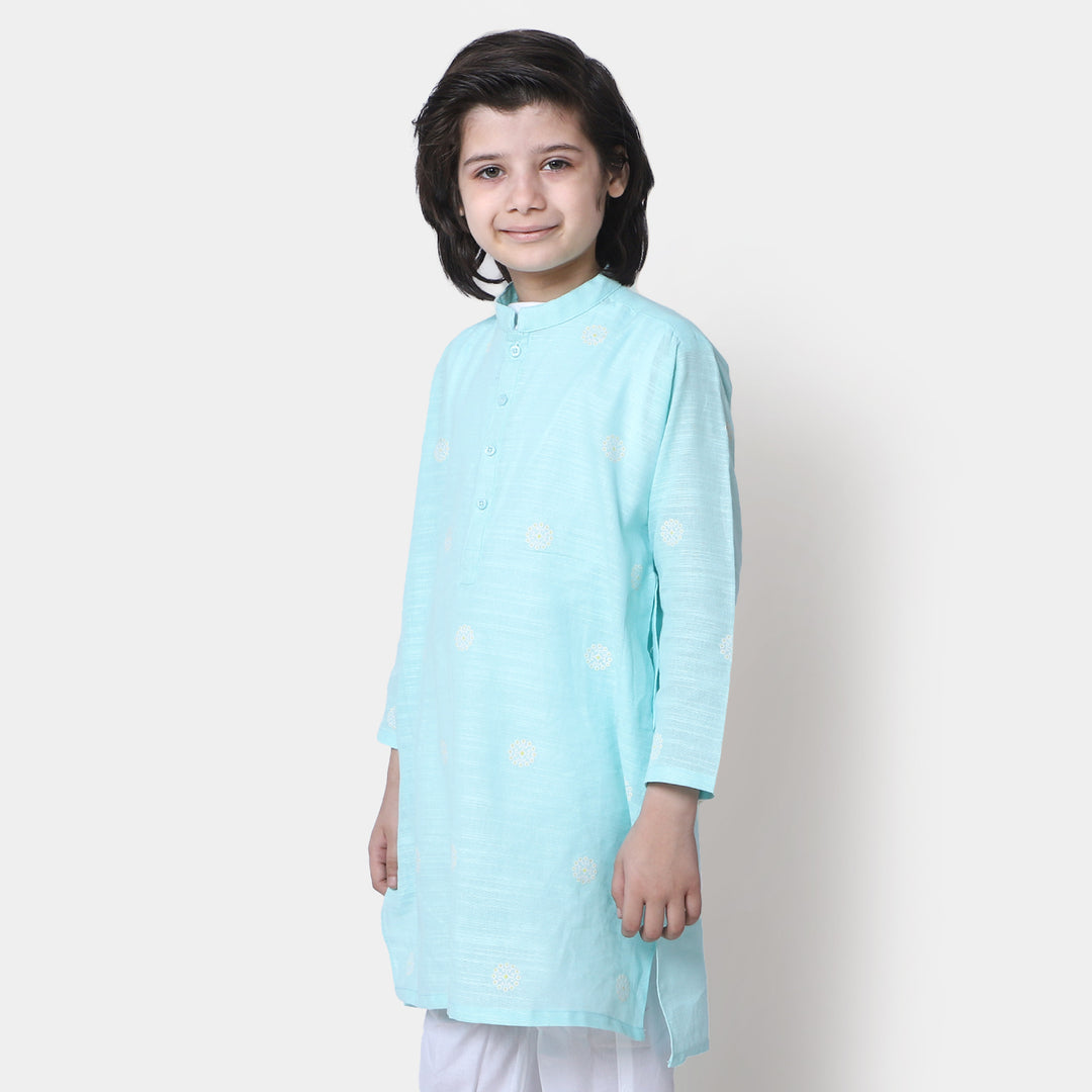 Boys Cotton Printed Kurta Puff - Aqua