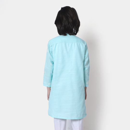 Boys Cotton Printed Kurta Puff - Aqua