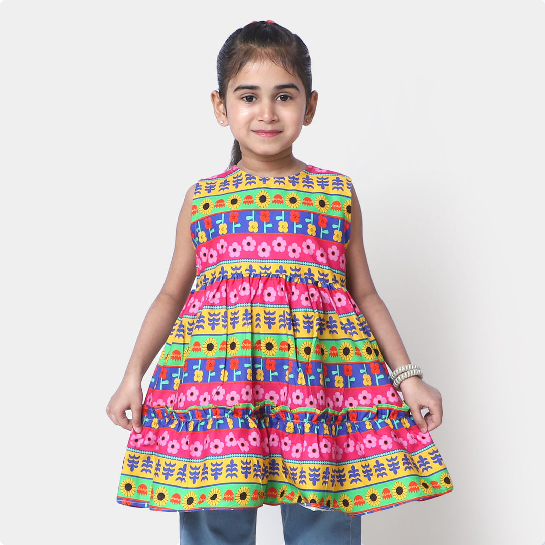 Girls Cotton Casual Frock - Multi