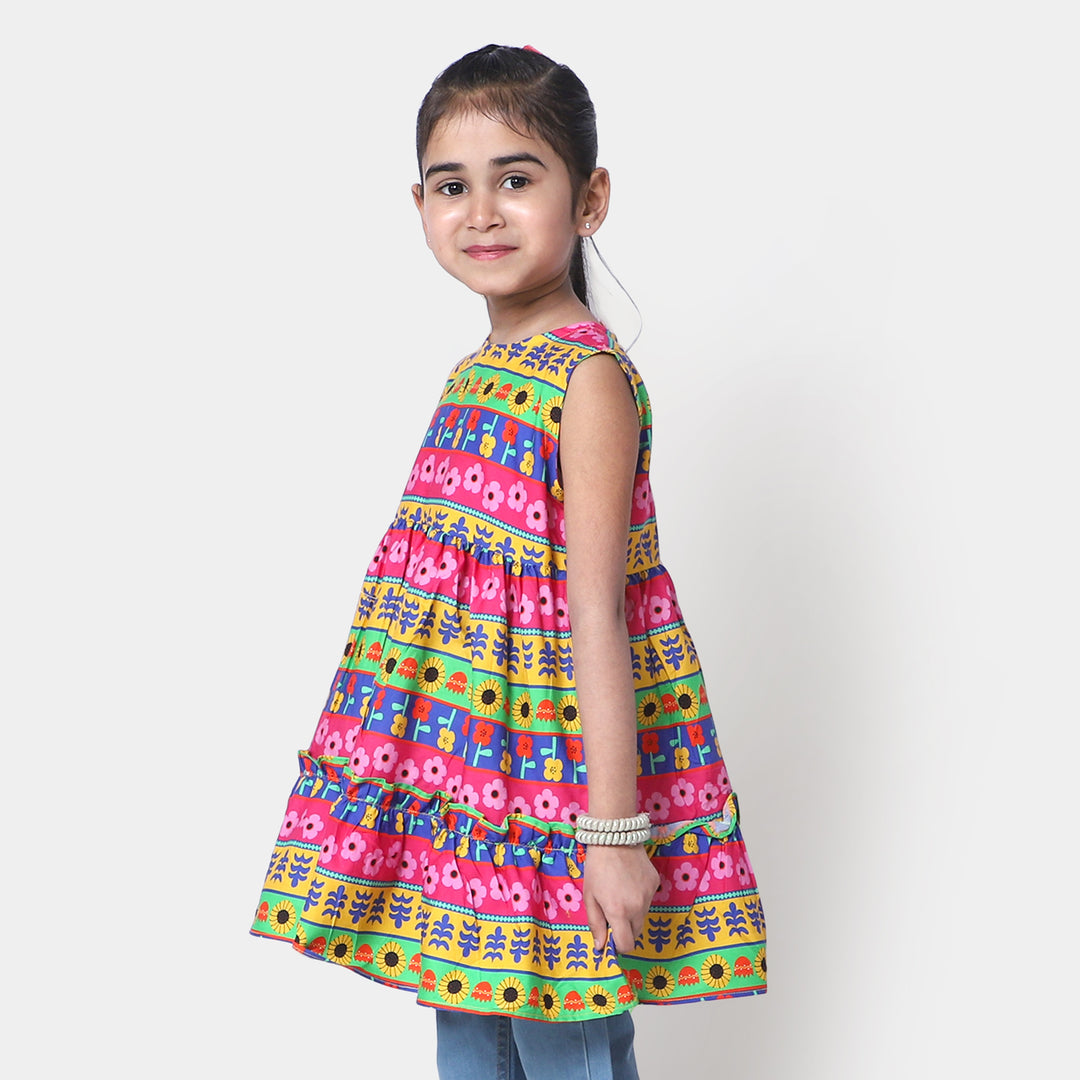 Girls Cotton Casual Frock - Multi