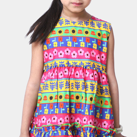 Girls Cotton Casual Frock - Multi