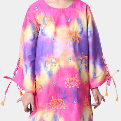 Girls Cotton Embroidered Kurti Elephant - Pink