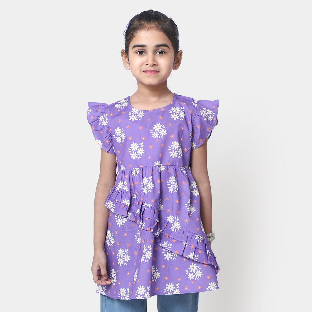 Girls Cotton Casual Frock - Purple