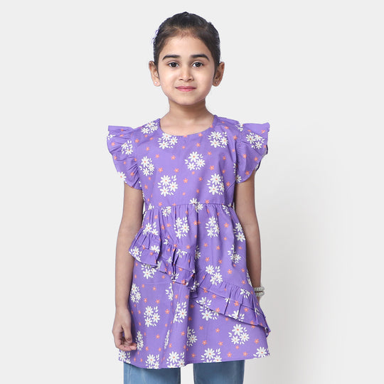 Girls Cotton Casual Frock - Purple