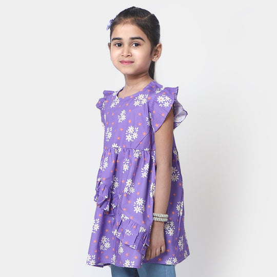 Girls Cotton Casual Frock - Purple