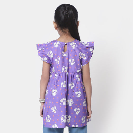 Girls Cotton Casual Frock - Purple