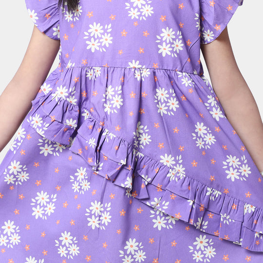 Girls Cotton Casual Frock - Purple