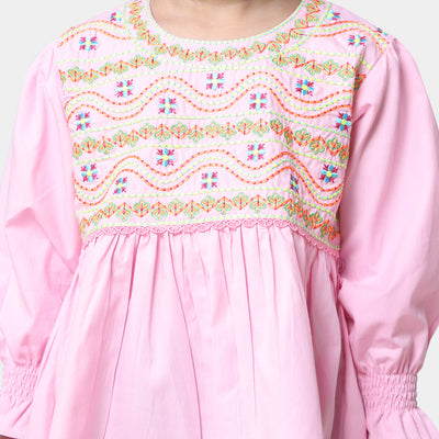 Girls Cotton Embroidered Top Running Waves - Pink