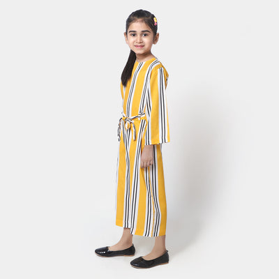 Girls Cotton Digital Print Jumpsuit  - Yellow