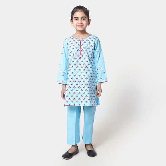 Girls Cotton Flower Printed 2Pcs Suit Grace - Sky Blue