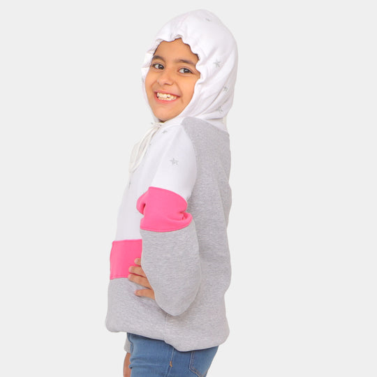 Girls Hooded Knitted Jacket All Over Stars - White/Gray