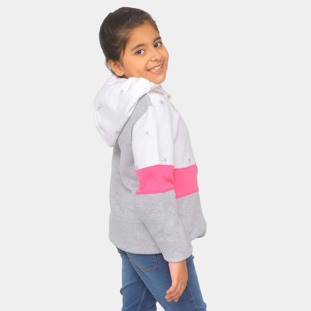 Girls Hooded Knitted Jacket All Over Stars - White/Gray