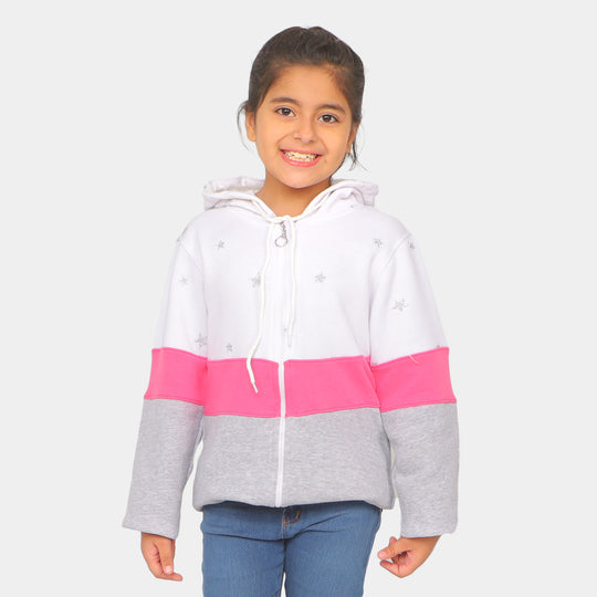 Girls Hooded Knitted Jacket All Over Stars - White/Gray