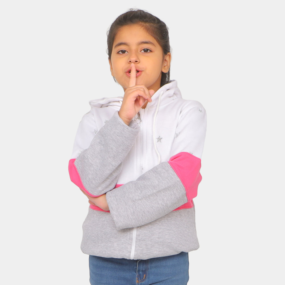 Girls Hooded Knitted Jacket All Over Stars - White/Gray