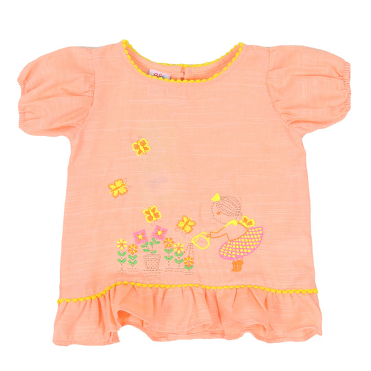 Infant Girls Embroidered Kurti Garden - Light Peach