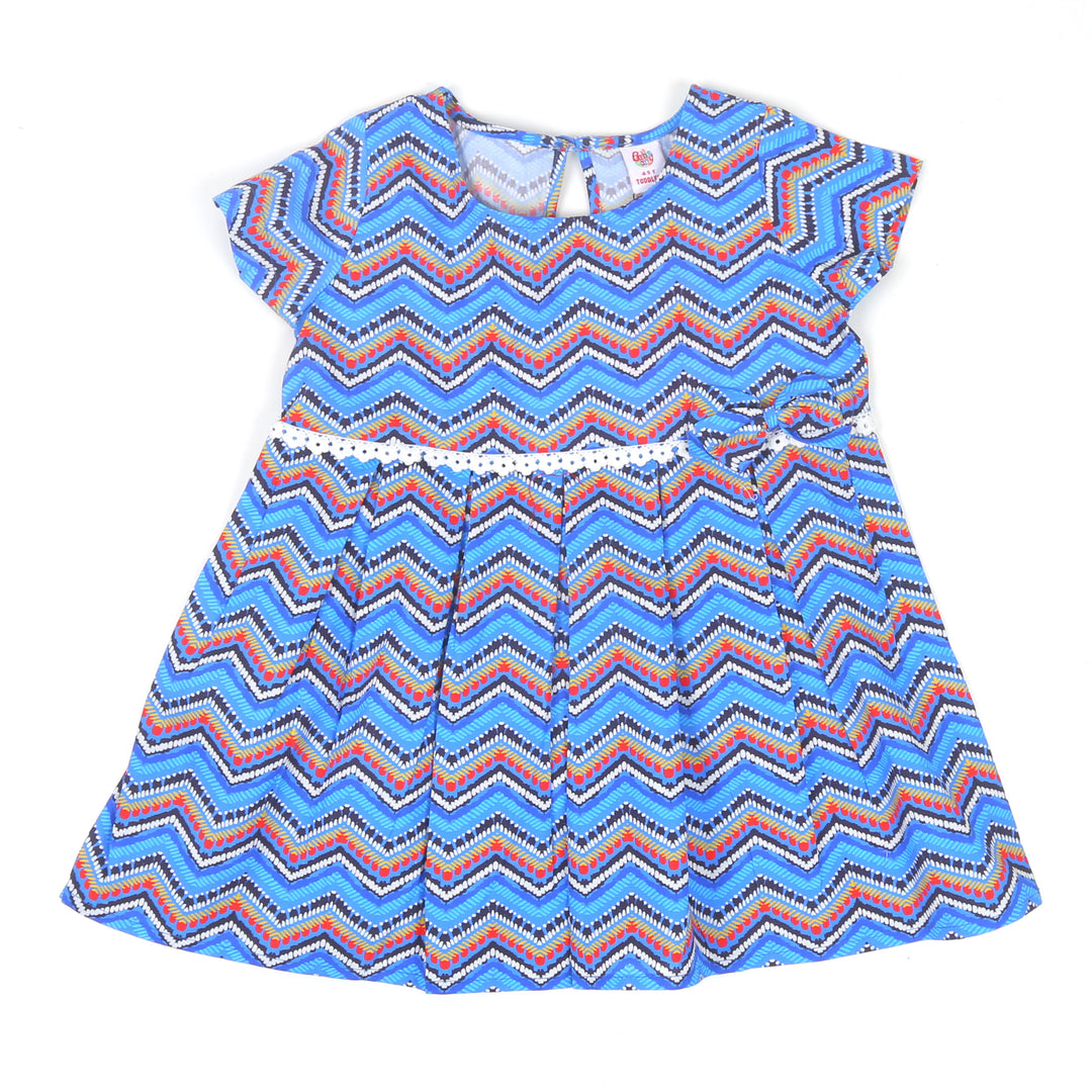 Infant Girls Digital Print Cotton Frock Chevron - Blue