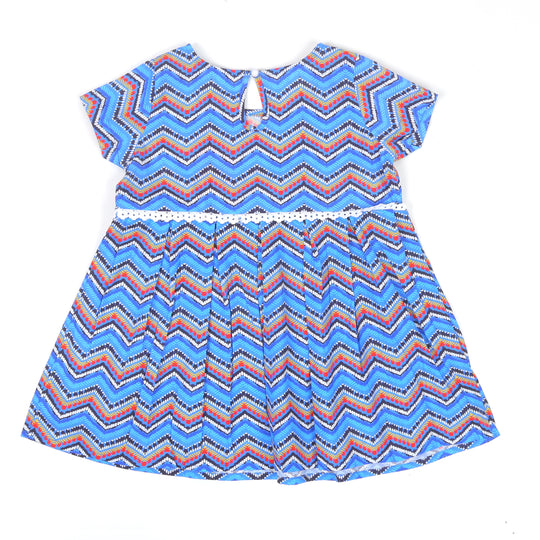 Girls Digital Print Cotton Frock Chevron - Blue