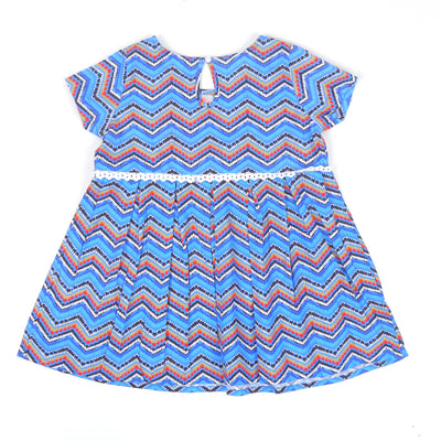 Infant Girls Digital Print Cotton Frock Chevron - Blue