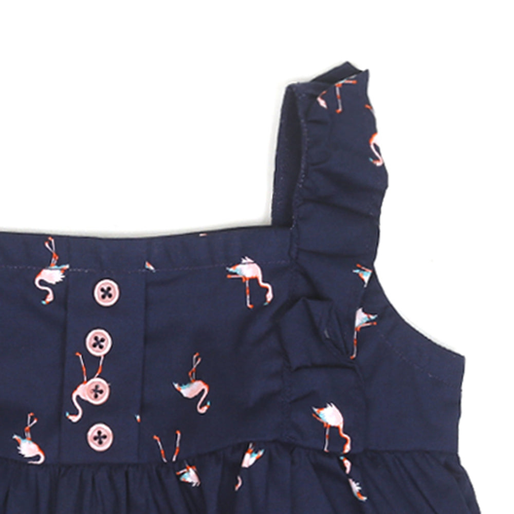 Girls Cotton Frock Flamingoes Frill - Navy Blue