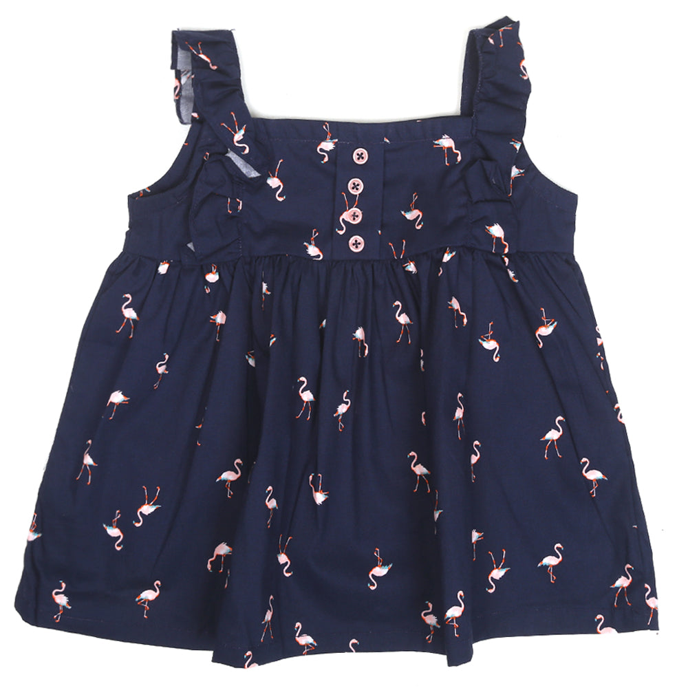 Girls Cotton Frock Flamingoes Frill - Navy Blue