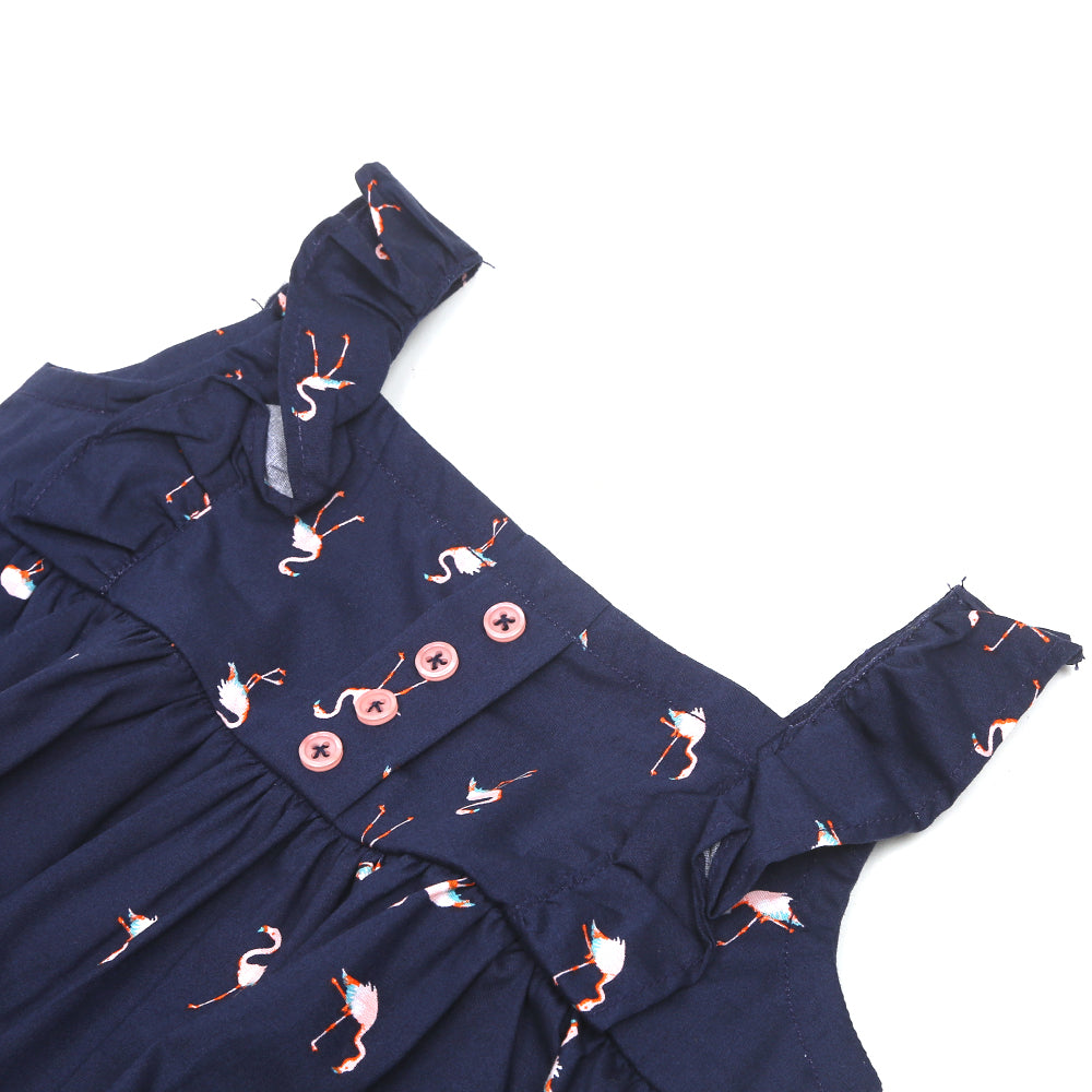 Girls Cotton Frock Flamingoes Frill - Navy Blue