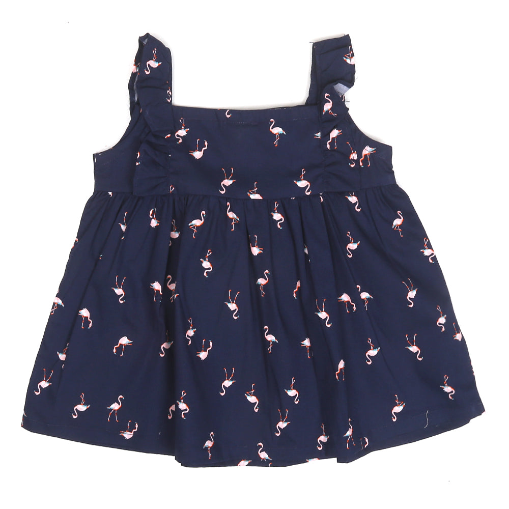 Girls Cotton Frock Flamingoes Frill - Navy Blue