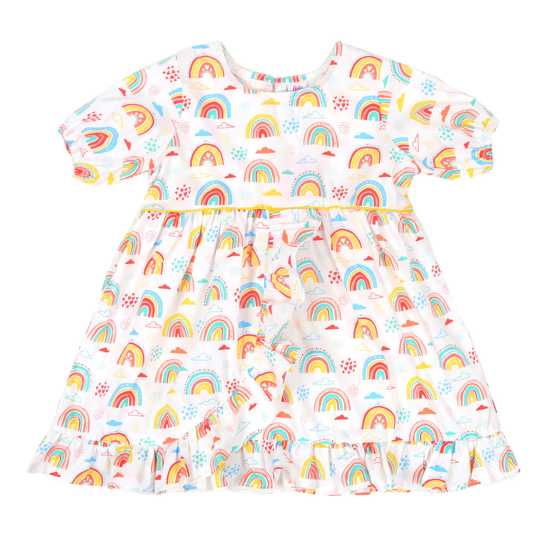 Girls Digital Print Cotton Frock Multi Rainbows - White