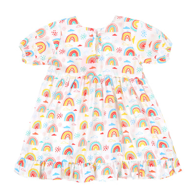 Girls Digital Print Cotton Frock Multi Rainbows - White