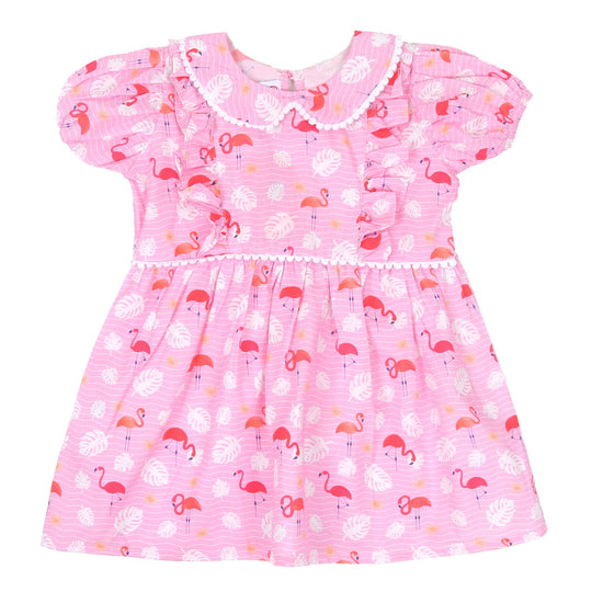 Girls Digital Print Cotton Frock Flemingo - Pink