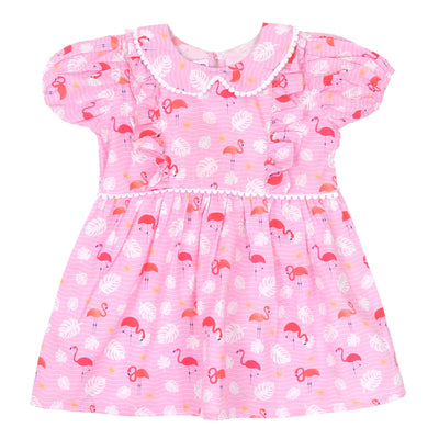 Infant Girls Digital Print Cotton Frock Flamingo - Pink