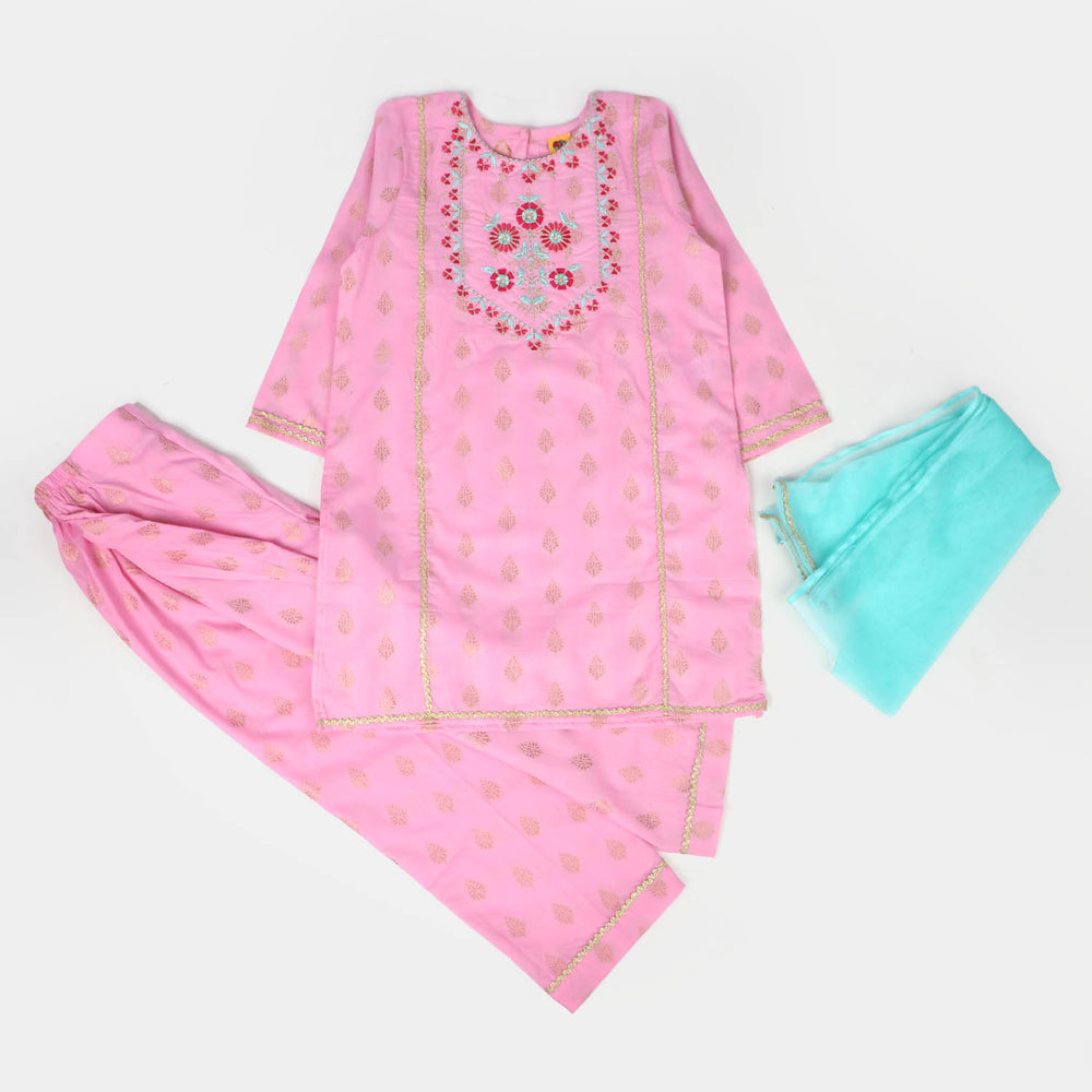 Girls Jacquard 3Pcs Suit Rani - Pink