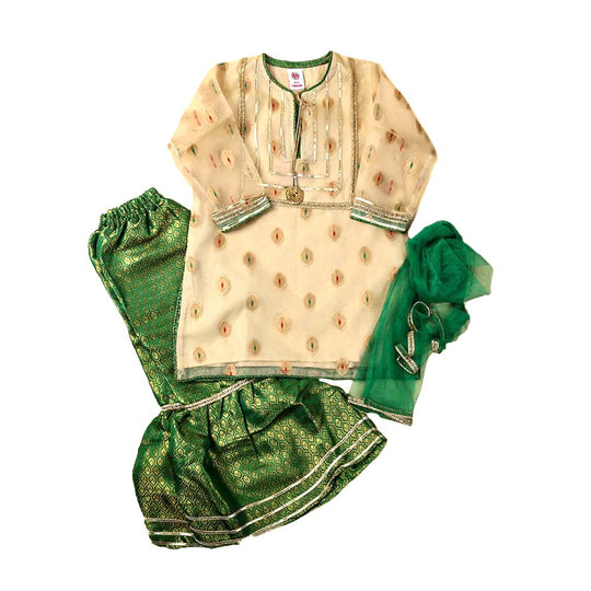 Fancy Gharara Glow 3 PCs Suit For Girls - Green