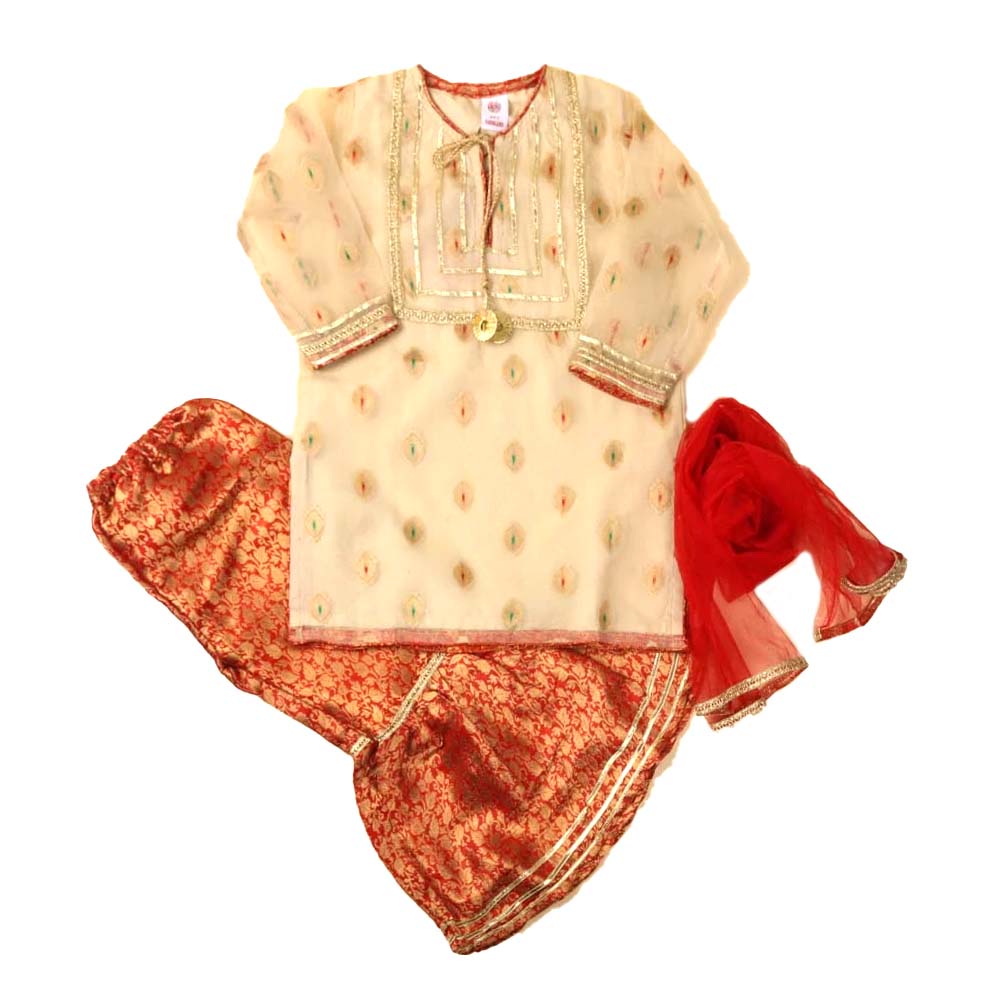Fancy Gharara Glow 3 PCs Suit For Girls - Red