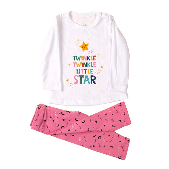 Little Star Night Suit For Girls - White (028)