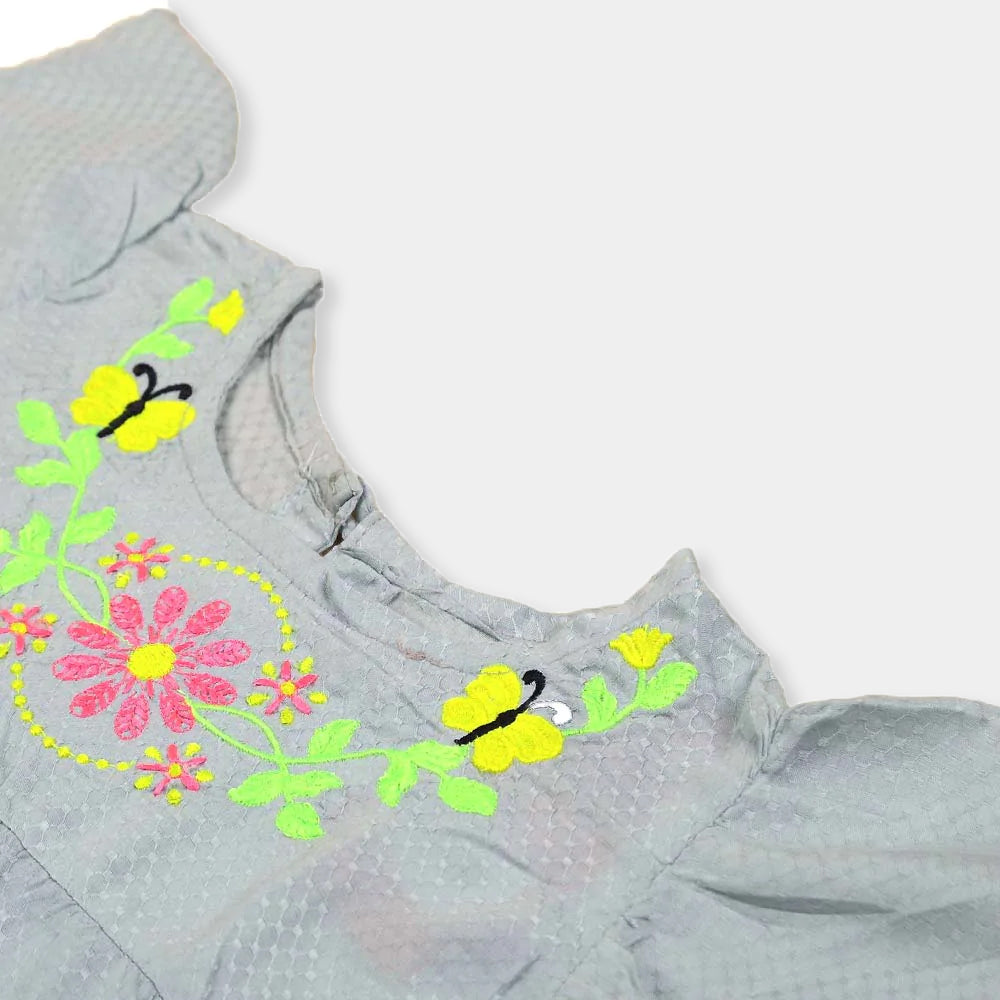 Embroidery Top For Girls - Grey