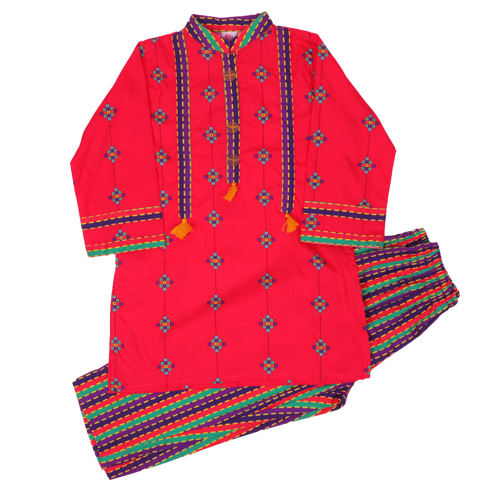 Girls Digital Print 2Pcs Kurti Pajama Delicacy - Magenta