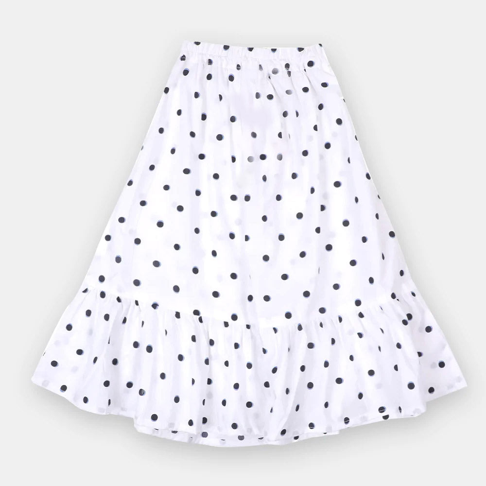 Girls Long Skirt Black Dots - White