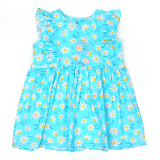 Girls Frock Digital Print - Aqua Blue