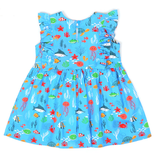 Girls Frock Digital Print C-Blue