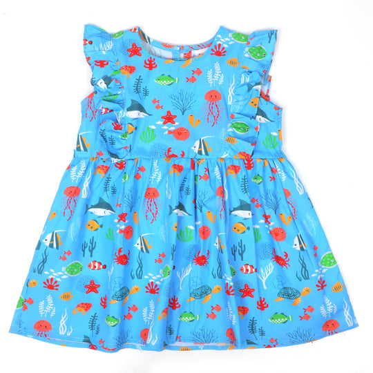 Girls Frock Digital Print C-Blue