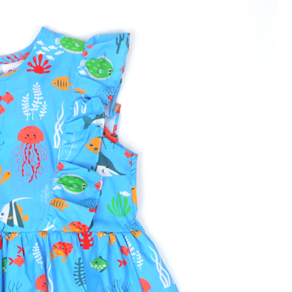 Girls Frock Digital Print C-Blue