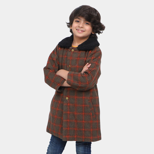 Boys Woolen Trench Coat Checked