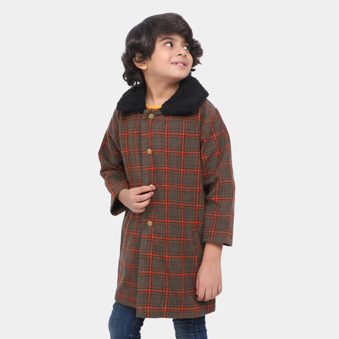 Boys Woolen Trench Coat Checked