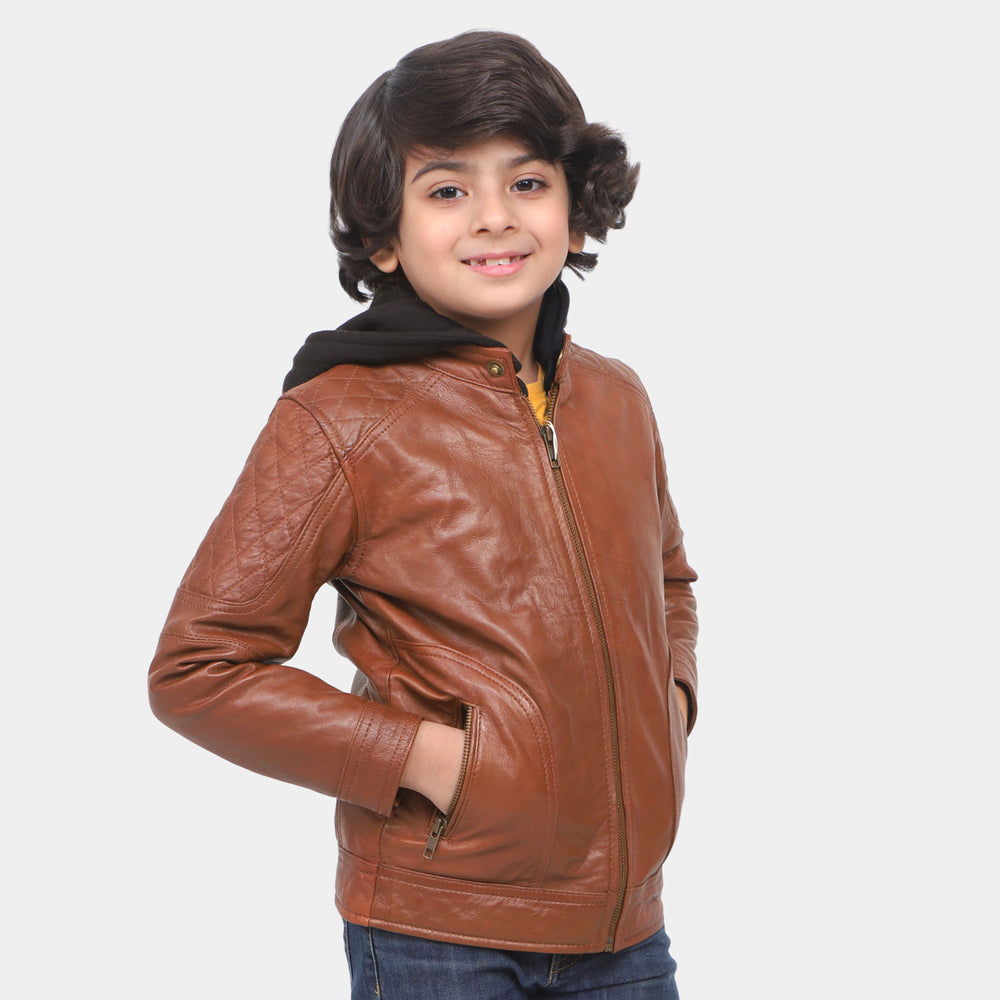 Boys Hooded Genuine Sheep Leather Jacket - Brown