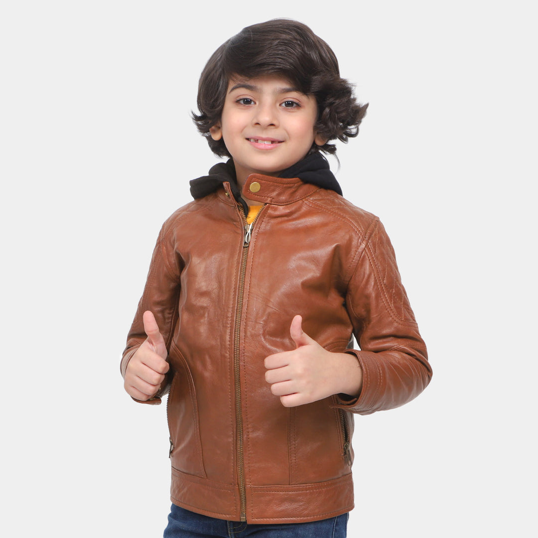 Boys Hooded Genuine Sheep Leather Jacket - Brown